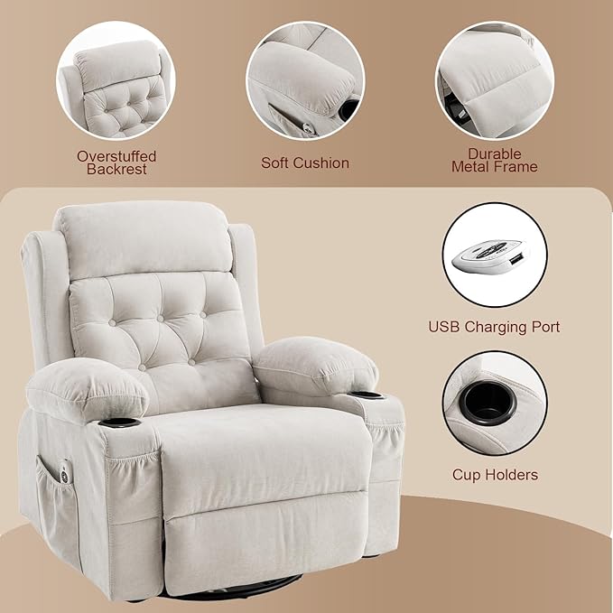 Rocker Swivel Recliner Chair with Massage and Heat Rocking Nursery Recliners Overstuffed Lounge Chair for Living Room Manual Recliner Mid Century Sofa Chairs with Cup Holders White