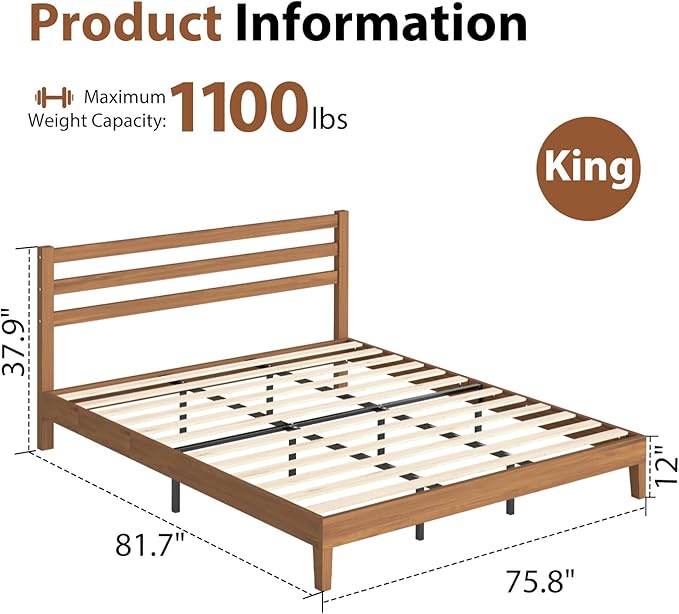 Sweetcrispy Solid Wood Bed Frame - King Size Mattress Foundation with Headboard No Box Spring Needed with 1100LBS Sturdy Wooden Slats Support Noise Free Easy Assembly