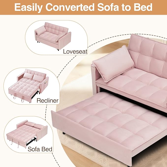 3 in 1 Convertible Sleeper Sofa Bed Modern Velvet Loveseat Pull-Out Couch w/Pullout Bed Small Love Seat Lounge Sofa w/Reclining BackrestToss Pillows Pockets for Living Room (Pink 55.1)
