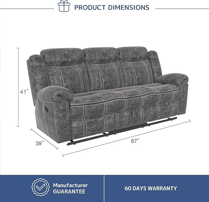 Acme Furniture Zubaida 41 x 87 Modern Velvet Reclining Sofa with USB Dock 1 Storage Drawer Tight Back &amp Seat Cushion in 2-Tone Gray Finish