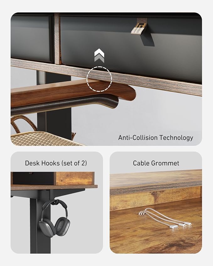 CubiCubi 55 x 30 Standing Desk with Drawers Height Adjustable Electric Workstation Computer Sit Stand Up Table with Large Storage Shelf 4 Drawers and 2 Hooks Rustic Brown