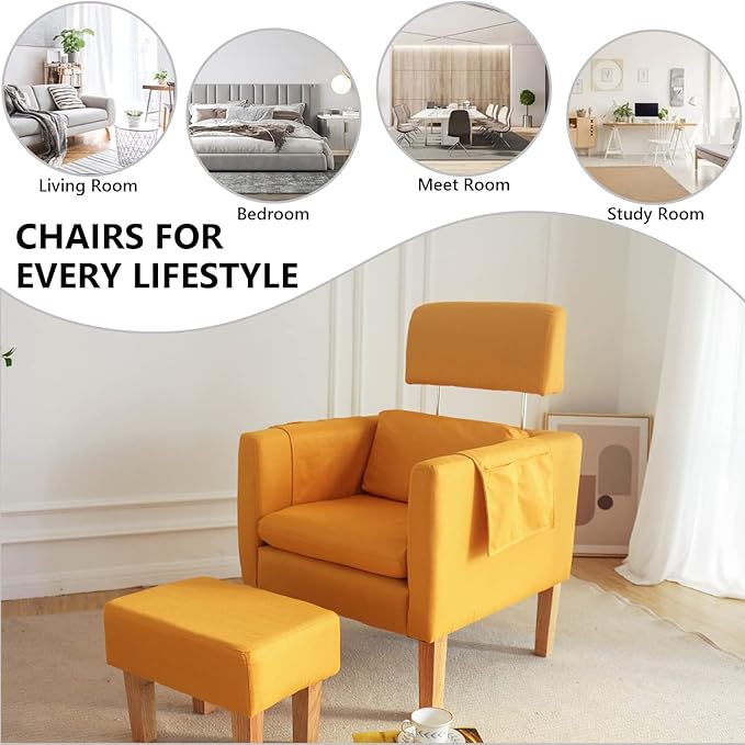 TAKUKA Modern Accent Chair with Ottoman SetComfy Fabric Armchair with Footrest Upholstered Chair with Side Pocket Soft Reading Lounge Chair for Living RoomBedroomOffice(Yellow)