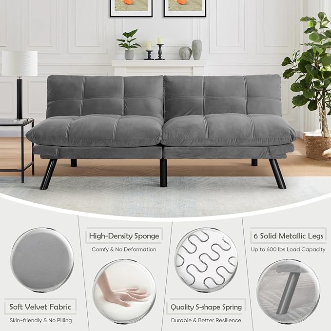 Convertible Velvet Futon Sofa Bed Comfy 72 L Sleeper Couch with Thicker Cushion Upholstered Modern Reclining Loveseat Folding Sofa for Small Living Room Dorm Apartment Office Light Gray