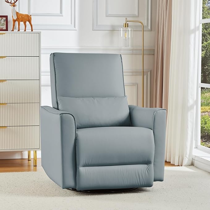 Swivel Rocking Recliner Chair Upholstered Faux Leather Glider Recliner with Lumbar Support High Backrest &amp Padded Armest Manual Nursery Recliner for Living Room (Manual Gray)