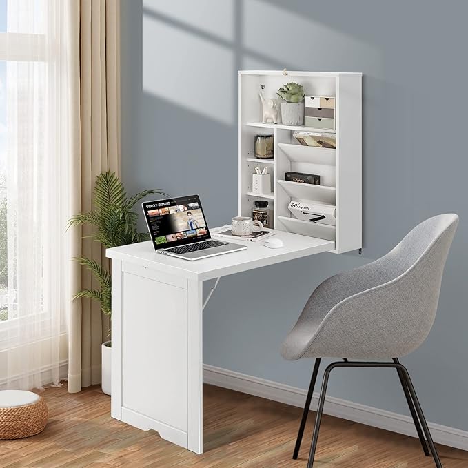 Folding Wall Mounted Desk Fold Down Table with Storage Shelves Wood Convertible Floating Table for Small Spaces Murphy Desk Wall Mount for Home Office (White)