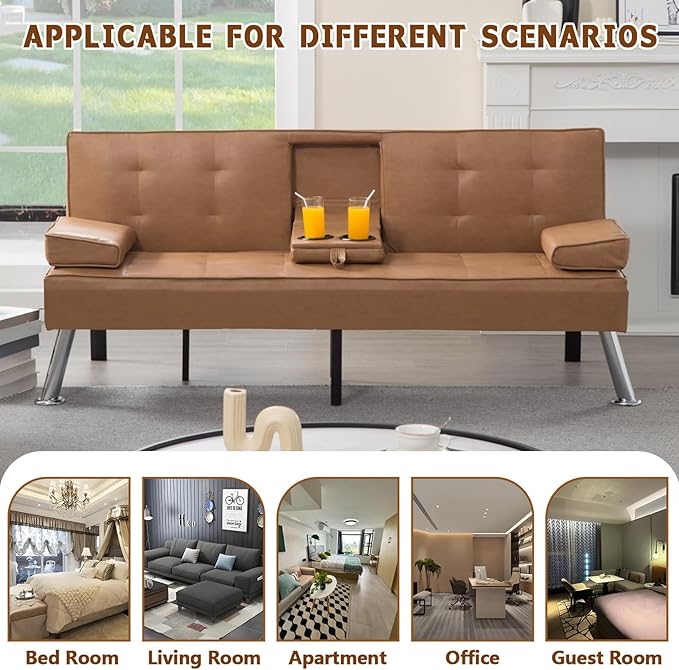 Anwick Convertible Folding Futon Sofa BedModern PU Leather Sleeper Love Seat with 3 Reclining Backrest &amp Cup Holders67 Comfy Sofa Couches for Living Room Small Home Office (Brown)