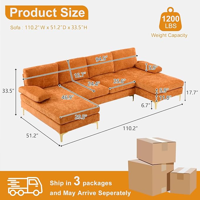 VINGLI 110 Sectional Couches for Living RoomU Shape Couch with Double Chaise 4-Seat Sofa Set with Chenille Fabric for Home FurnitureBurnt Orange