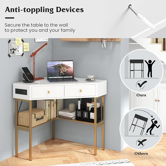 Corner Desk with Charging Station 90° Triangle Desk w/ 2 Drawers Storage Shelves Corner Vanity Table for Bedroom Compact Computer Desk for Small Space