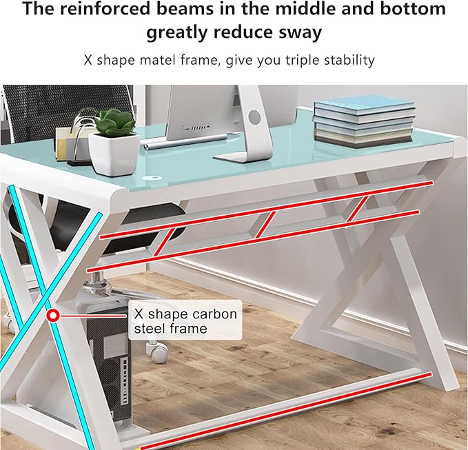 IPKIG Tempered Glass Computer Desk Modern Study Office Desk with Metal Frame and Glass Top Writing Study Desk Table Gaming Desk for Home Office Workstation (White 55.1 Inch)