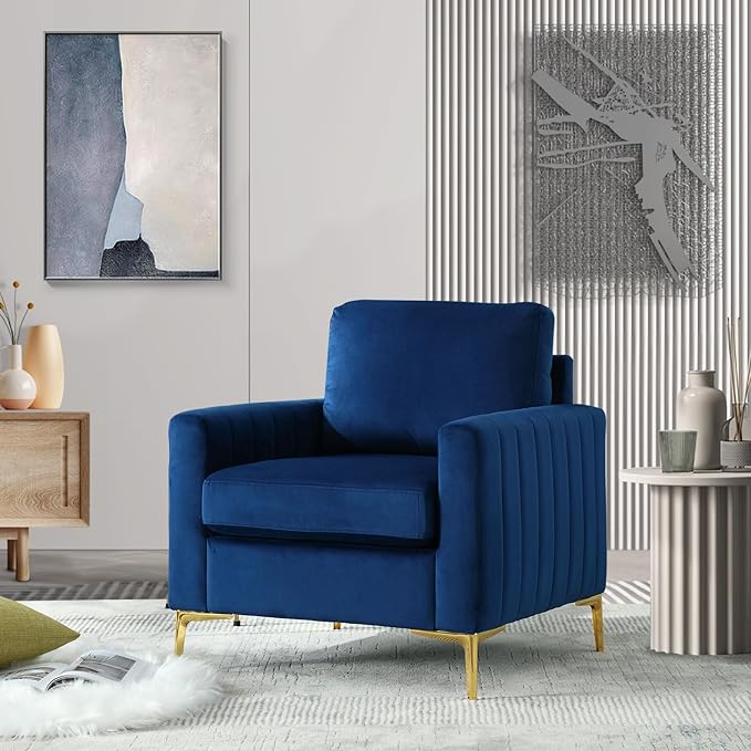 Modern Velvet Accent Chair Comfy Living Room Armchair with Thick Cushion Upholstered Reading Armchair Mid Century Sofa Chair with Gold Legs Side Chair for Living Room Bedroom Office Club Blue