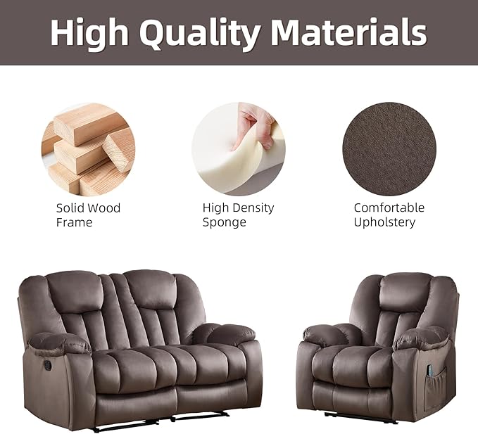 CANMOV Manual Recliner Sofa Set-Soft Fabric Reclining Living Room Sets Single Chair and Love Seating Massage Heated Recliner Couch with Cup HoldersSide Pocket for Adults Elderly Dark Brown