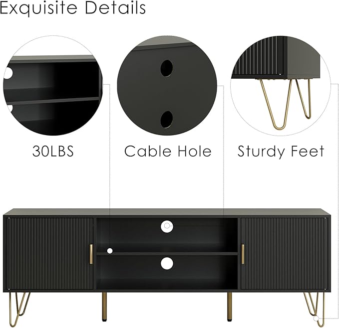 TV Stand for 55-65 inch TV Entertainment Center with Soft Hinge DoorTV Console Table with 2 Cabinets with Gold Handle and Feetfor Living Room Bedroom Black