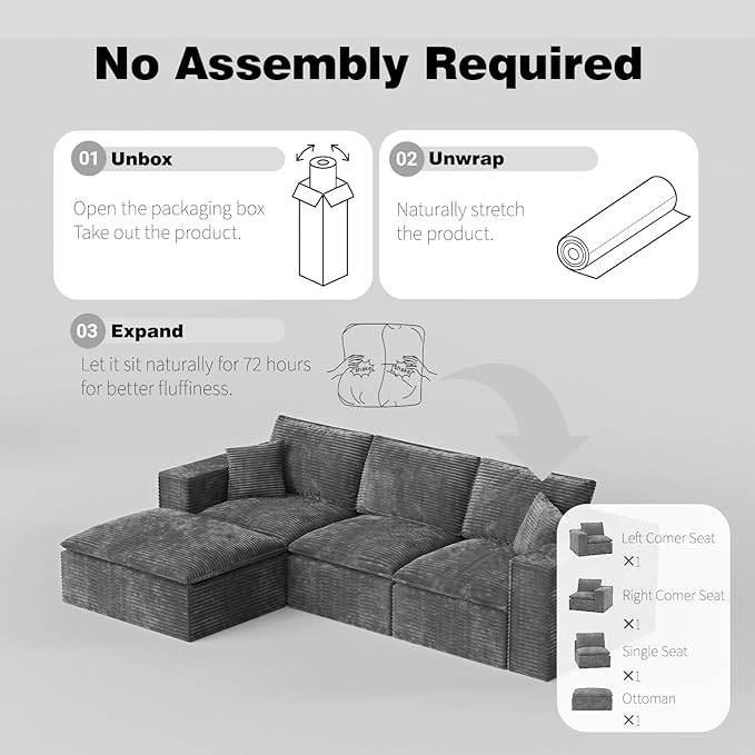 108 Boneless Compression Sectional Sofa L-Shape Interchangeable Chaise Deep Seat with High-Resilience Foam Soft Corduroy Upholstery No Assembly Needed for Living Room Bedroom