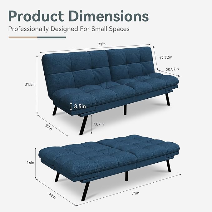 Futon Sofa Bed Convertible Couch Blue Linen Sofa Bed with Memory Foam Adjustable Backrest &amp Armrests Multifunctional Small Loveseat Sleeper Sofa for Living Room Apartment Office