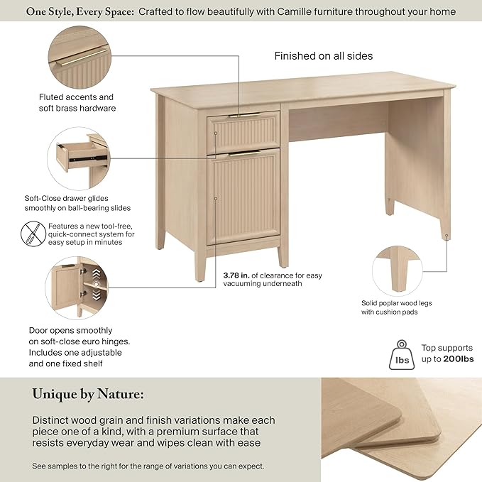 Bush Home 54-Inch Writing Desk with Storage Fluted Computer Study Laptop Table Workstation with Spacious Drawer and Door Storage Home Office Furniture Make Up Vanity Camille Collection Onyx Birch