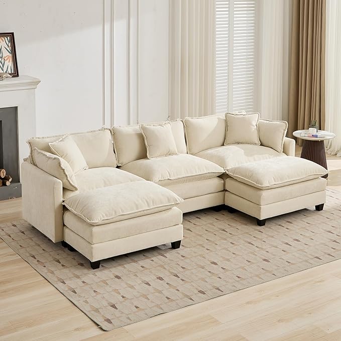 Beige Ottoman for Modular Sectional Sofa Chenille Fabric Cloud Couch Ottoman Oversized Sectional Seating for Living Room Bedroom Apartment Sofas para Sala