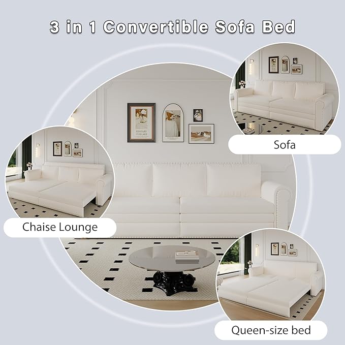 93.7 King Pull Out Sofa Bed Velvet Sleeper Sofa Couch 3 in 1 Convertible Futon Couches for Living Room Small Space Apartment Office Bedroom Modern Rivet Armrest Beige