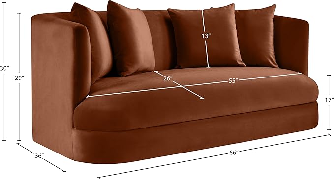 Meridian Furniture 699Cognac-L Alder Collection Modern | Contemporary Loveseat with Ultra Luxe Cognac 460 GSM Velvet Solid Wood Frame 66 W x 36 D x 30 H Cognac
