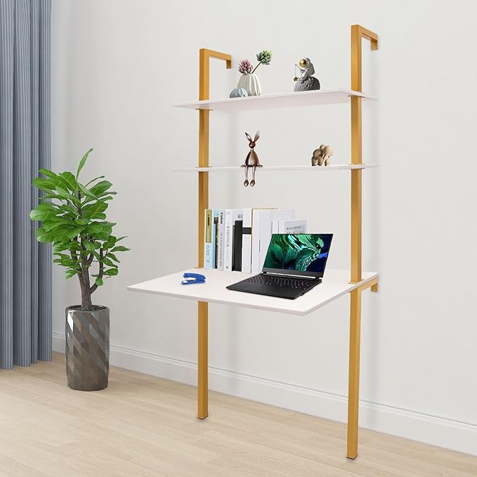3 Tiers Wall Mounted Desk 30 * 20 * 72.8in Industrial Wall Mount Computer Writing Table with Storage Ladder Style Computer Laptop Desk for Home Office Gold&ampWhite
