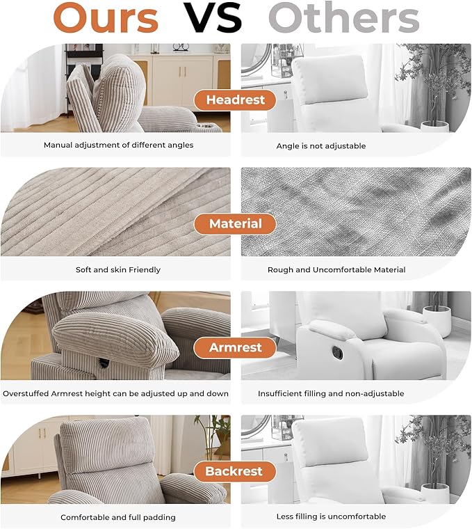 Power Recliner with Adjustable Armrests Rocking Chair Nursery with Massage and Heat Electric Glider Recliner Nursing Chair for Breastfeeding Swivel Rocker Recliner Corduroy Grey