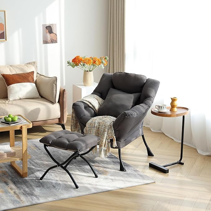 Lazy Chair with Ottoman Comfy Reading Lounge Chair with Footstool &amp Throw Pillow Modern with Armrests &amp Side Pocket for Living Room Bedroom Dorm Room Dark Grey