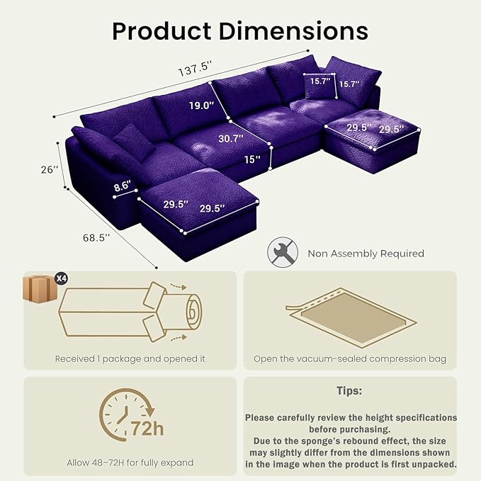 137 Inch Modular Sectional Sleeper Sofa Boneless Cloud Couch for Living Room U Shaped Sofa Free Combination No Assembly Required (Purple 137 inch - U Shape 6 Seat)