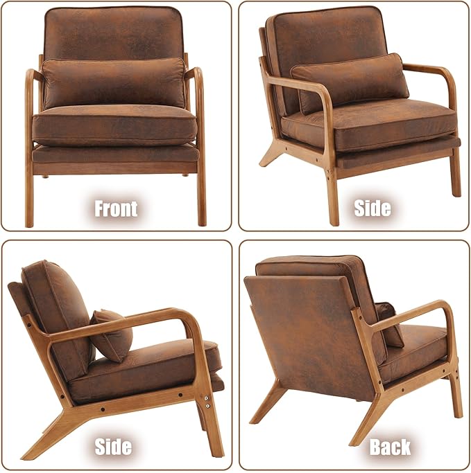 Mid Century Modern Accent Chair with Wood Frame Upholstered Lounge Bronzing Cloth Armchair Comfy Reading Leisure Chair with Cushion for Living Room Bedroom Balcony (Brown Set of 2)