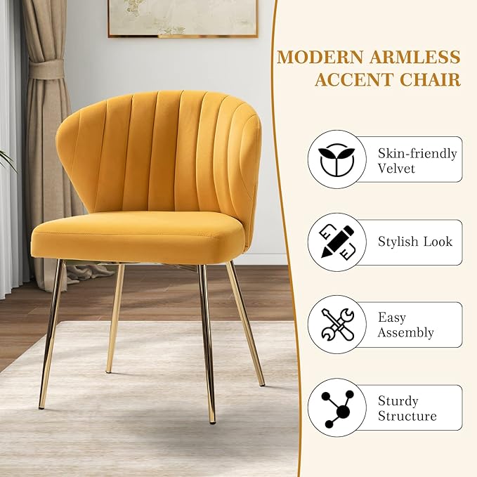 HULALA HOME Velvet Dining Chair Cute Armless Accent Chair Living Room Chair with Golden Legs Mid Century Modern Upholstered Side Chair for Kitchen Vanity Mustard