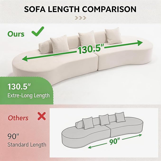Txtin's 130” Curved Cloud Couches for Living Room | Modern Boneless Sectional Comfy Sofa | Oversized Plush Modular Couch with 3 Pillows | Beige
