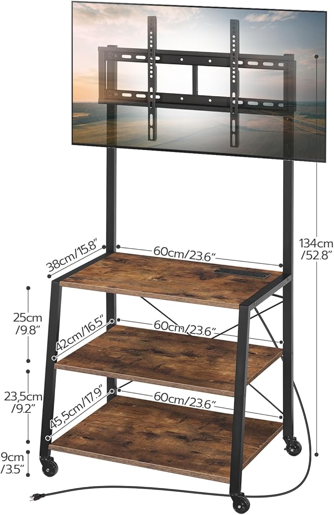 HOOBRO Rolling TV Stand with Mount and Power Outlet Up to 55 inch TV Corner Entertainment Center Small TV Stand with 3-Tier Storage Shelves for Living Room Bedroom Rustic Brown and Black BF66UDS01
