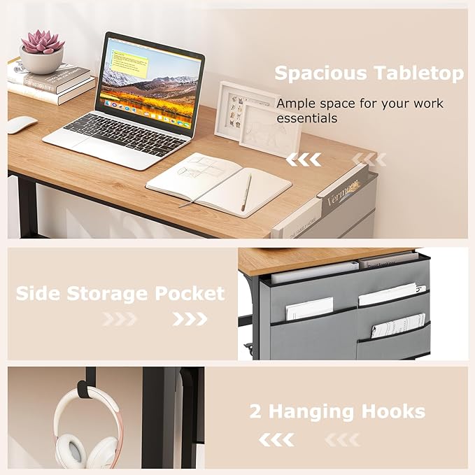 Tangkula Conference Room Table Set of 4 Mobile Computer Desk with Removable Storage Bag &amp 2 Hanging Hooks Rolling Meeting Table with Heavy-Duty Metal Frame Conference Desk (Natural)