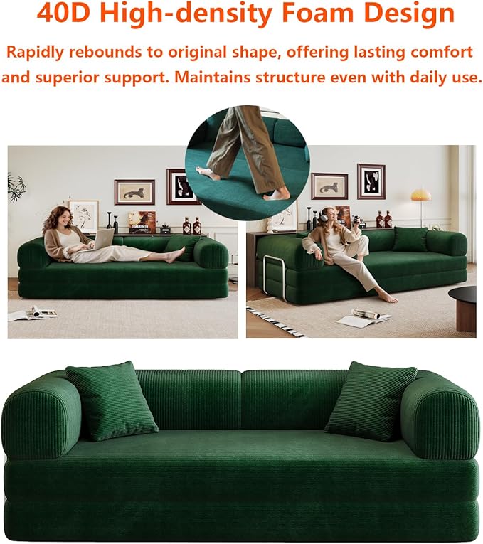 Convertible Sleeper Sofa Bed with Cylindrical Pillow 79 Inch Oversized Corduroy Upholstered Boneless CouchLove Seat Floor Sofas Living RoomSmall Space ApartmentOffice (Green)