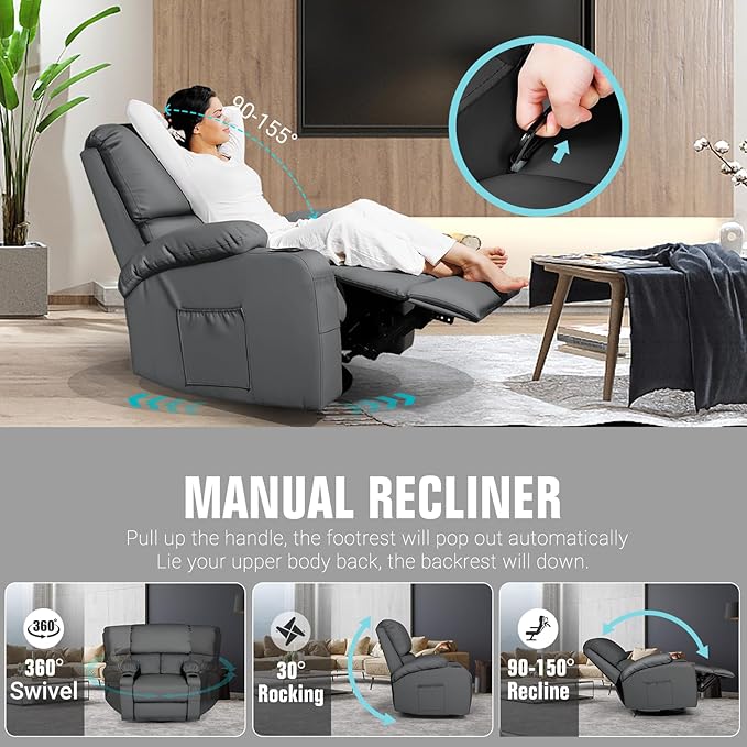 LEVELEVE Rocking Recliner Chair Massage Rocker Recliner Chair with Vibration Massage and Heat 360° Swivel Faux Leather Chairs Living Room Bedroom Nursery RV Dark Grey