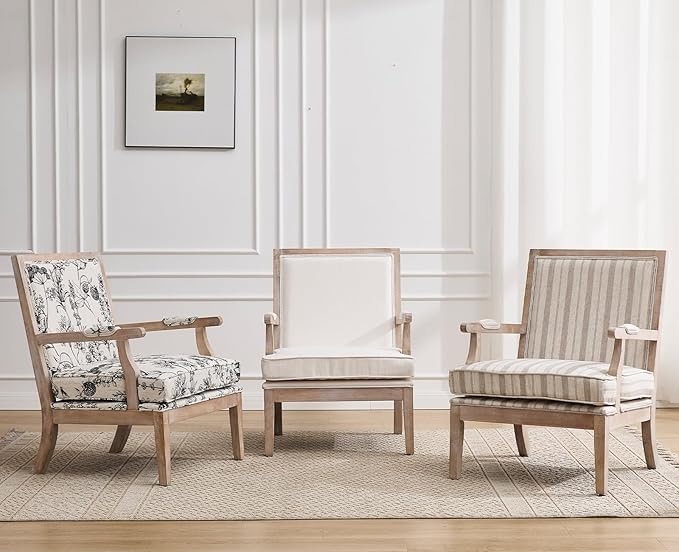 chairus Farmhouse Linen Accent Chair for Living Room Upholstered Reading Chair with Solid Wood Frame Lounge Arm Chair with High Back for Bedroom Reception Room Waiting Room Floral Pattern