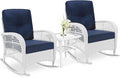 VIVIJASON 3-Piece Outdoor Conversation Bistro Set Patio Wicker Rocking Chairs Rattan Furniture Sets w/ 2 Rattan Chairs Cushions Glass Top Side Table for Garden Porch Backyard (White/Navy Blue)