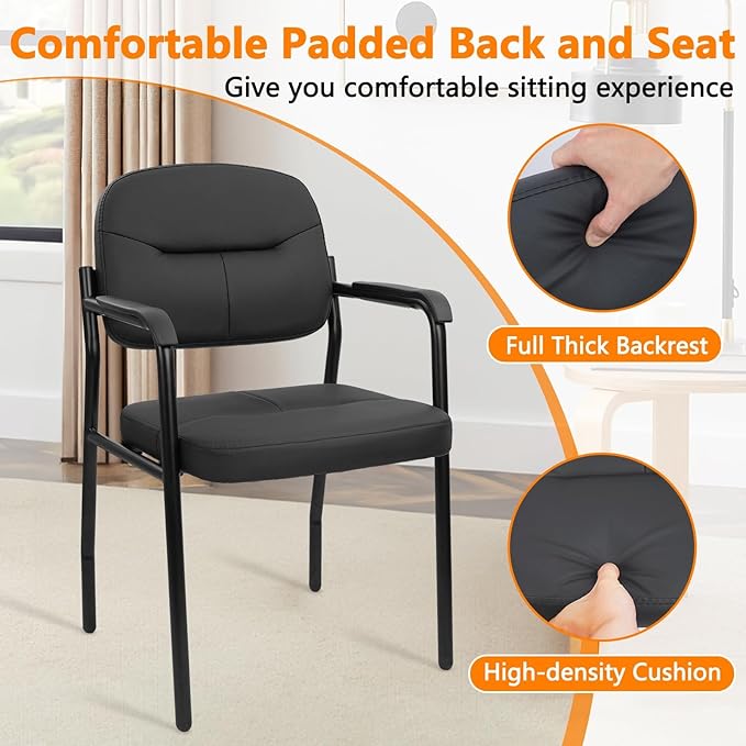 CLATINA Leather Guest Chair Sets of 2 Office Reception Chair No Wheels with Armrests and Lumber Support Ergonomic Desk Armchair for Meeting Waiting Conference Lobby Room Black