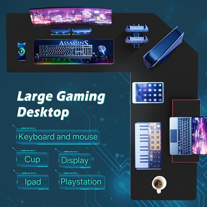 L Shaped Gaming Desk 51 Inch Computer Corner Desk Home Office Desks PC Gaming Table with Monitor Riser Stand for Home Office Writing Workstation Black