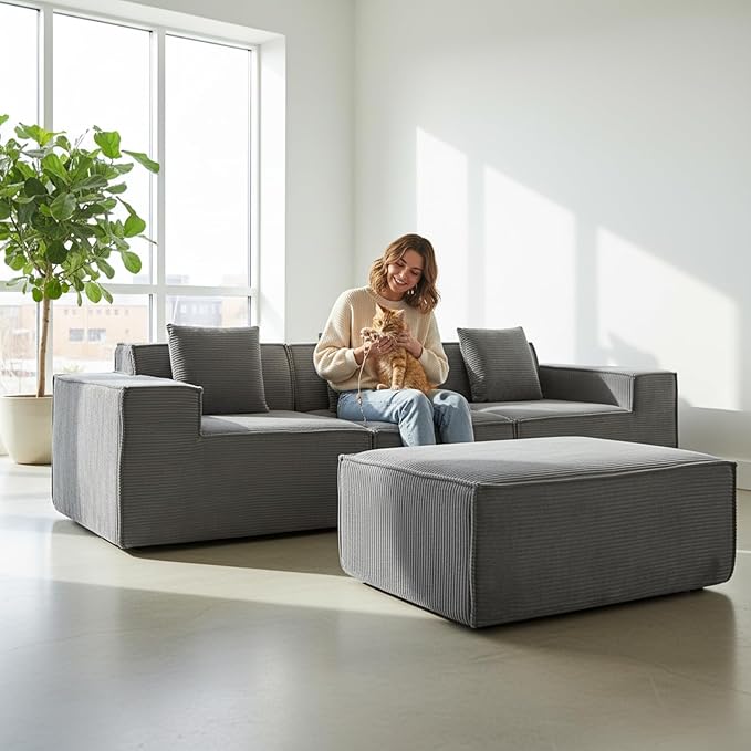 Rowan Convertible Corduroy Sectional Couch with Ottoman &amp Pillows Modular L Shaped Sleeper Sofa Boneless Cloud Couch for Living Room Furniture Dark Grey