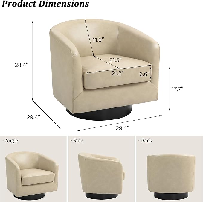 Swivel Barrel Accent Chair Modern Round Faux Leather Arm Chair for Living Room Bedroom Comfy Club Reading Chairs for Adults(Faux Leather Cream Set of 2)
