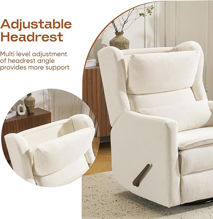 Swivel Rocker Recliner for Adults Glider Recliner Nursery Chair with Adjustable Headrest Manual Rocker Recliner with Cup Holder and Side Pockets White