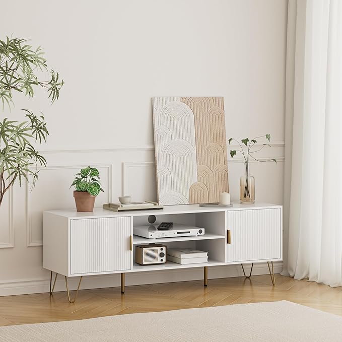 TV Stand for 55-65 Inch TV Entertainment Center with Soft Hinge DoorTV Console Table with 2 Cabinets with Gold Handle and Feetfor Living Room Bedroom White