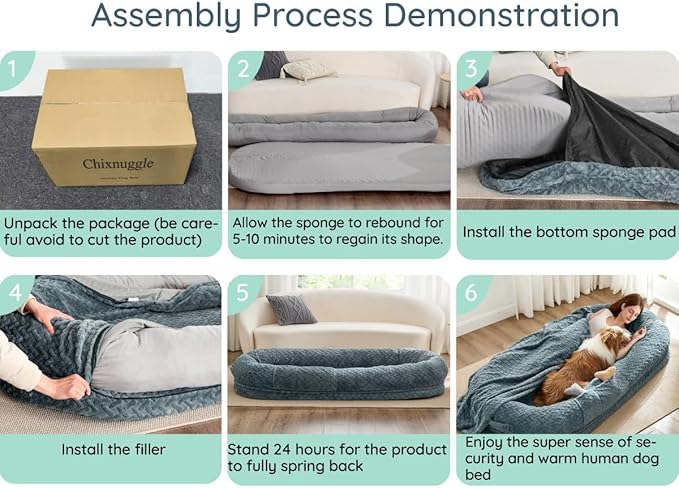 Human Dog Bed for Adult - Luxury Faux Fur Giant Size Dog Bed with Portable Handle Egg Orthopedic Foam with Blanket 72x40x10 Light Grey