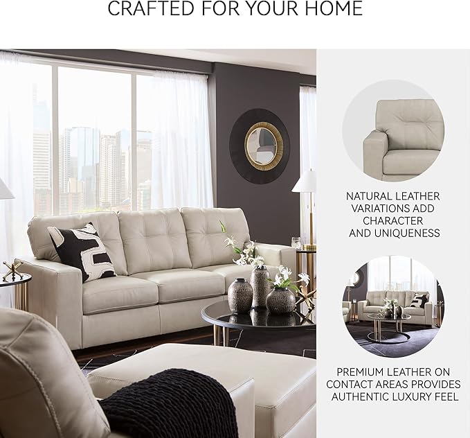 Signature Design by Ashley Santorine Classic Leather Match Sofa with Tufted Cushion and Removable Cushion Light Gray