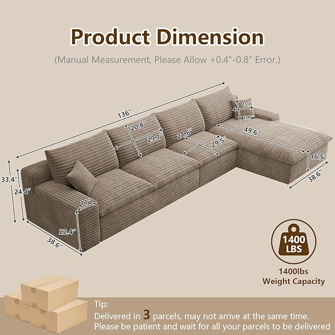 Cloud Sectional Couch136 Inch Modular Sectional Sofa with Deep Seat Modern Corduroy Boneless Couches with L-Shape Chaise for Living Room Bedroom No Assembly Required (Camel Right Facing Chaise)