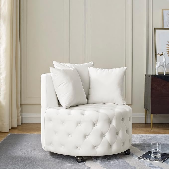 GDFStudio Velvet Swivel Accent Chair with Button Tufted Back Caster Wheels and 3 Matching Pillows Modern Upholstered Armchair for Living Room Home OfficeBeige