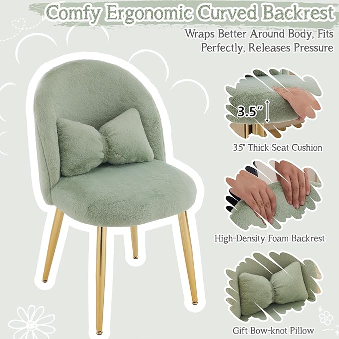 VINGLI Fluffy Girls Vanity Chair with Back &amp PillowCute Small Cozy Desk Chair No WheelsComfy Makeup Ch with Ajustable Gold Legsfor BedroomLiving RoomSmall SpaceGreen