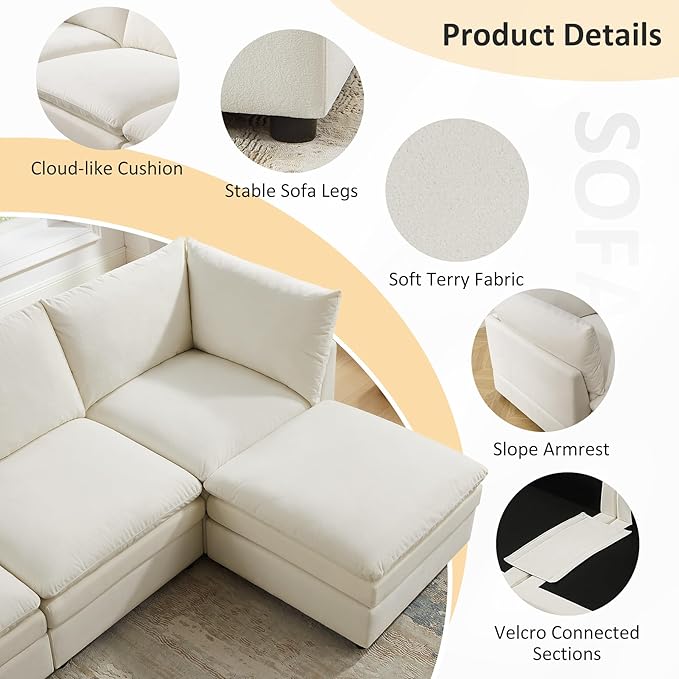 VANOMi 68 Cloud Modular Sectional Sofa Couches for Living Room Oversized Modern Sleeper Sofa with Deep Seat Double-Layer Thick Cushion Ottoman Convertible Upholstered Sofa Set Ivory White