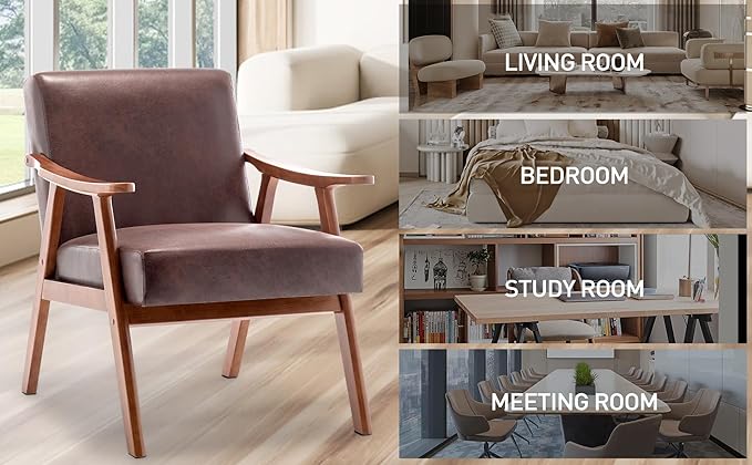 Mid Century Modern Accent Chair with Wood Frame Upholstered Living Room Chairs with Waist Cushion Reading Armchair for Bedroom Sunroom Lounge Chair Indoor Office Family (Dark Brown)