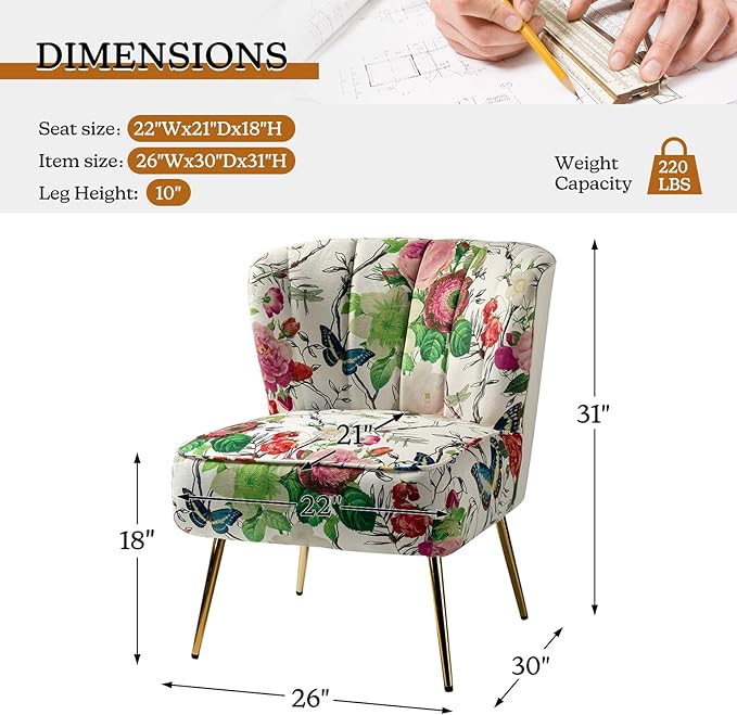 TINA'S HOME Armless Accent Chair with Gold Metal Legs Comfy Tufted Floral Fabric Living Room Chair Wingback Small Side Chair Upholstered Slipper Chair for Bedroom Reading Room (Print Flower IVORY)