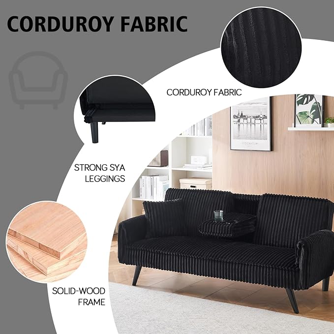 Futon Sofa Bed Modern Folding Couch for Small Space 72'' Corduroy Convertible Loveseat Sleeper Bed Daybed Recliner Lounge Sofas for Living Room2 Cup HoldersMetal LegsRemovable Armrests (Black I)